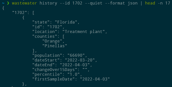 A screenshot of a terminal interface; a user has typed "wastewater history --id 1702 --quiet --format json | head -n 17" and the program output a JSON blob describing a reading at a treatment plant in Florida.